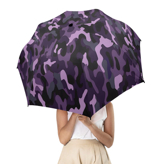 Purple Camo Umbrella, Dark Camouflage Print Golf Anti-UV Semi-Automatic Sun Rain Parasol Large Compact Windproof Designer Luxury Men Women