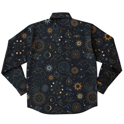 Stars Sun Moon Long Sleeve Men Button Up Shirt, Celestial Space