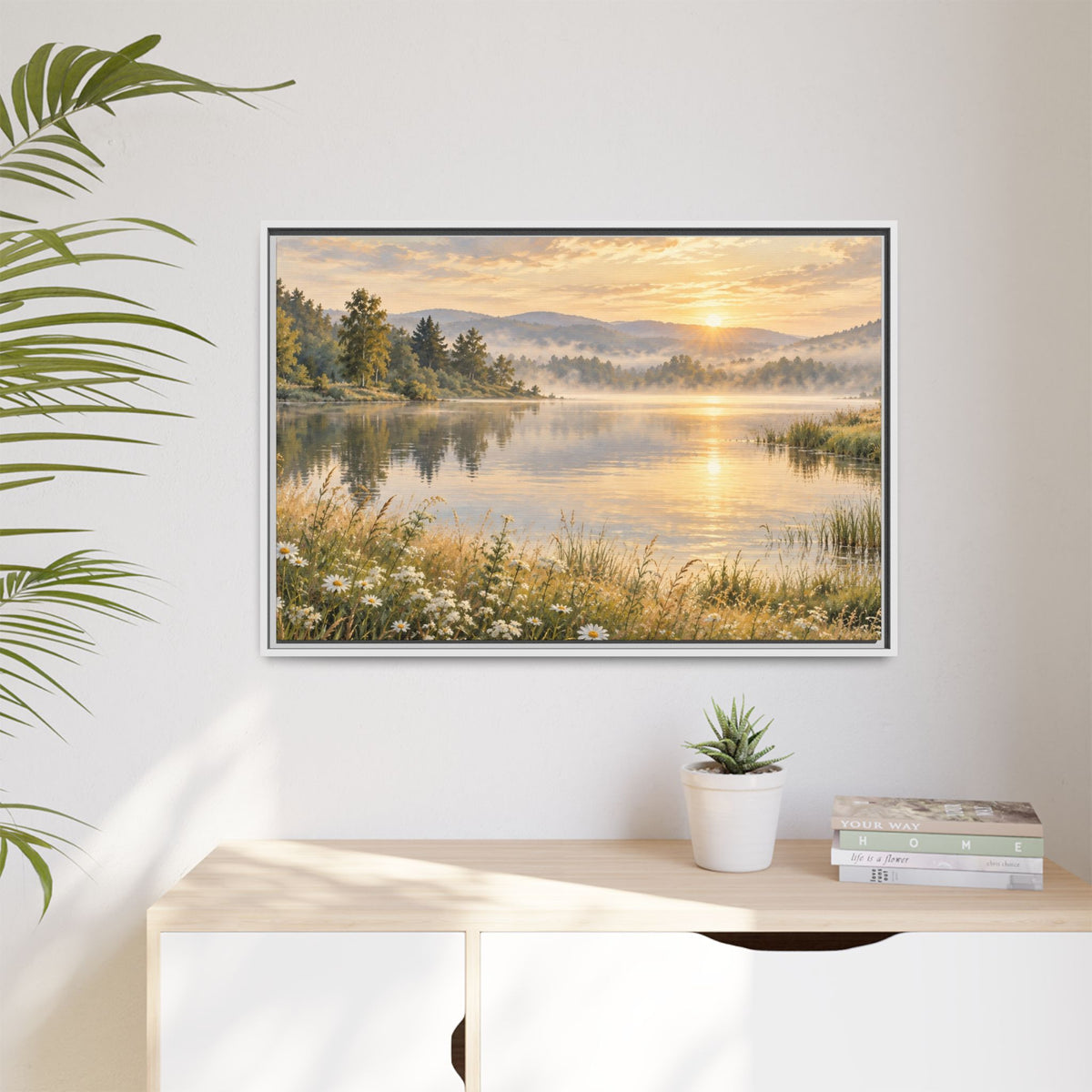 Misty Meadow Lake Wood Framed Canvas, Wildflower Farmhouse Wall Art Print Artwork Decor Small Large Hanging Matte Landscape Square Poster