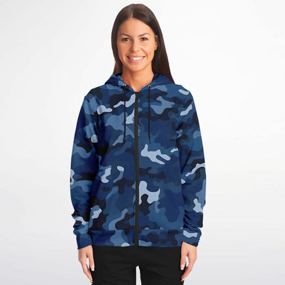 Navy Blue Camo Zip Up Hoodie, Camouflage Full Zipper Pocket Men Women Unisex Adult Aesthetic Graphic Cotton Fleece Hooded Sweatshirt