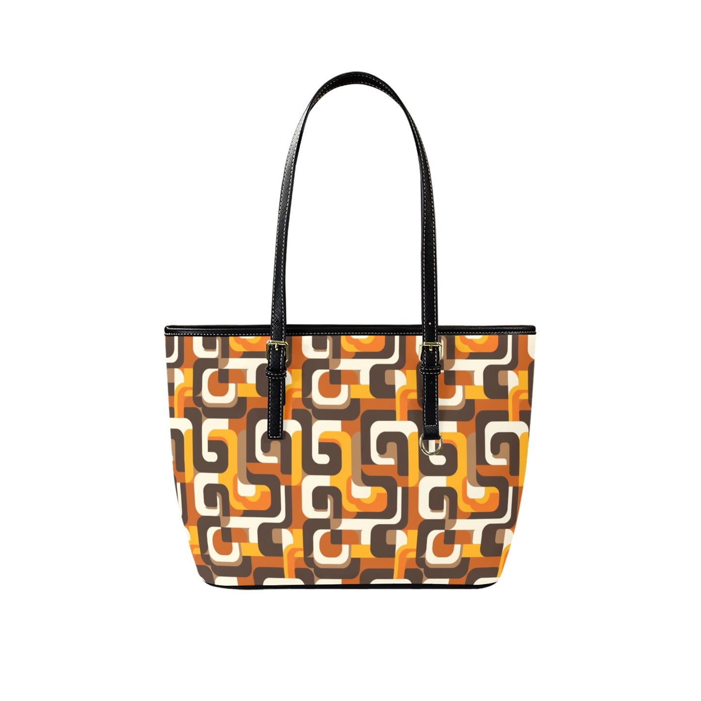 Retro Vintage Tote Bag Purse, 70s Geometric Orange Brown Art Women Vegan Leather Handbag  Zip on Top Designer Handmade Shoulder Ladies Bag