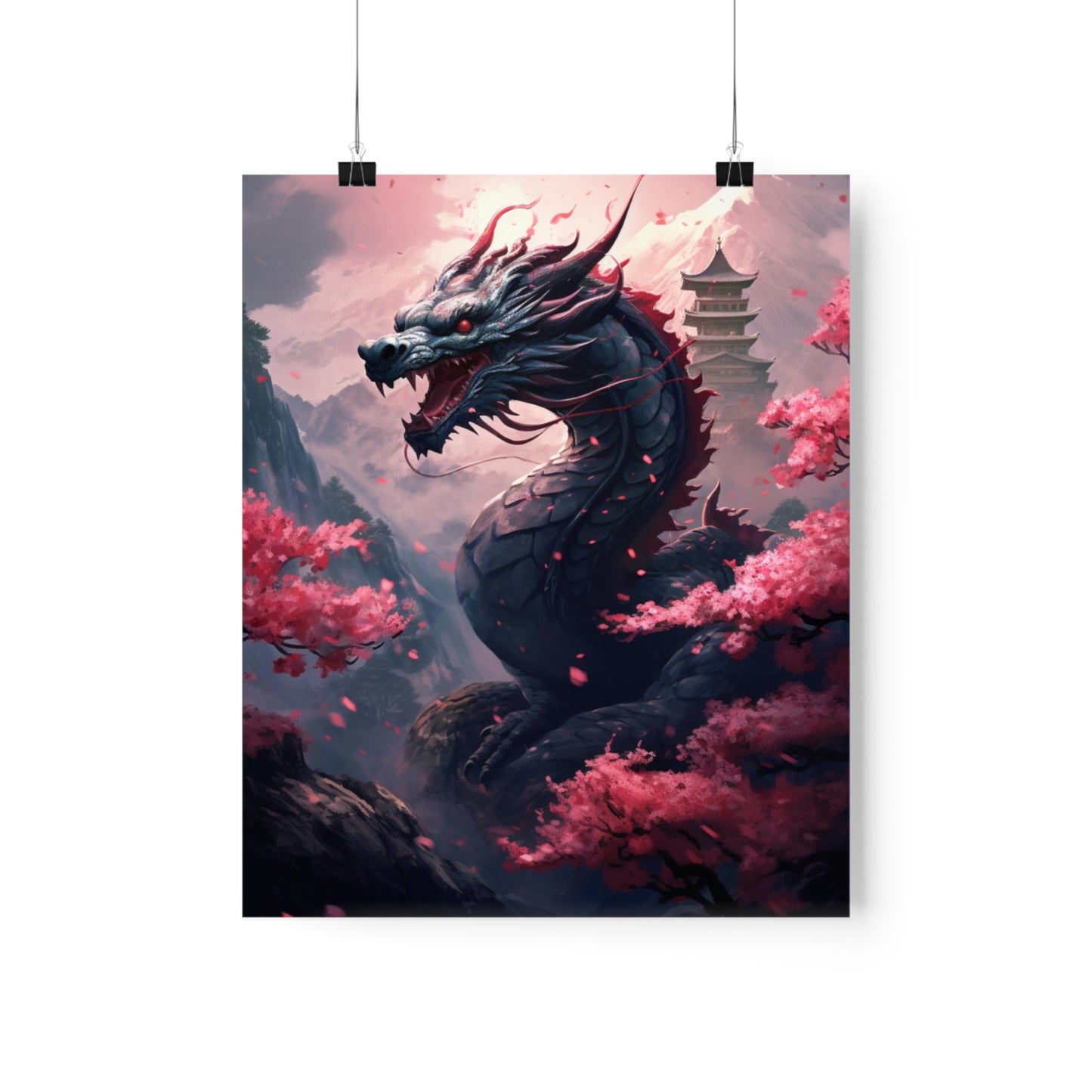 Japanese Dragon Poster Print, Cherry Blossom Picture Photo Wall Image Art Vertical Paper Artwork Small Large Cool Room Office Decor