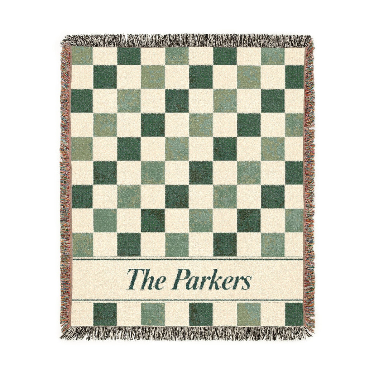 Custom Checkered Couples Woven Blanket Tapestry, Green Sage Throw Family Name Personalized Wedding Anniversary Engagement Cotton Small Large