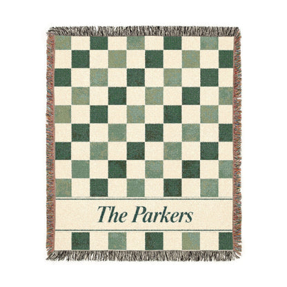 Custom Checkered Couples Woven Blanket Tapestry, Green Sage Throw Family Name Personalized Wedding Anniversary Engagement Cotton Small Large