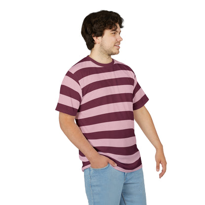 Burgundy Pink Striped Tshirt, Maroon Blush Horizontal Retro Designer Lightweight Heavyweight Crewneck Men Women Tee Top Short Sleeve Shirt