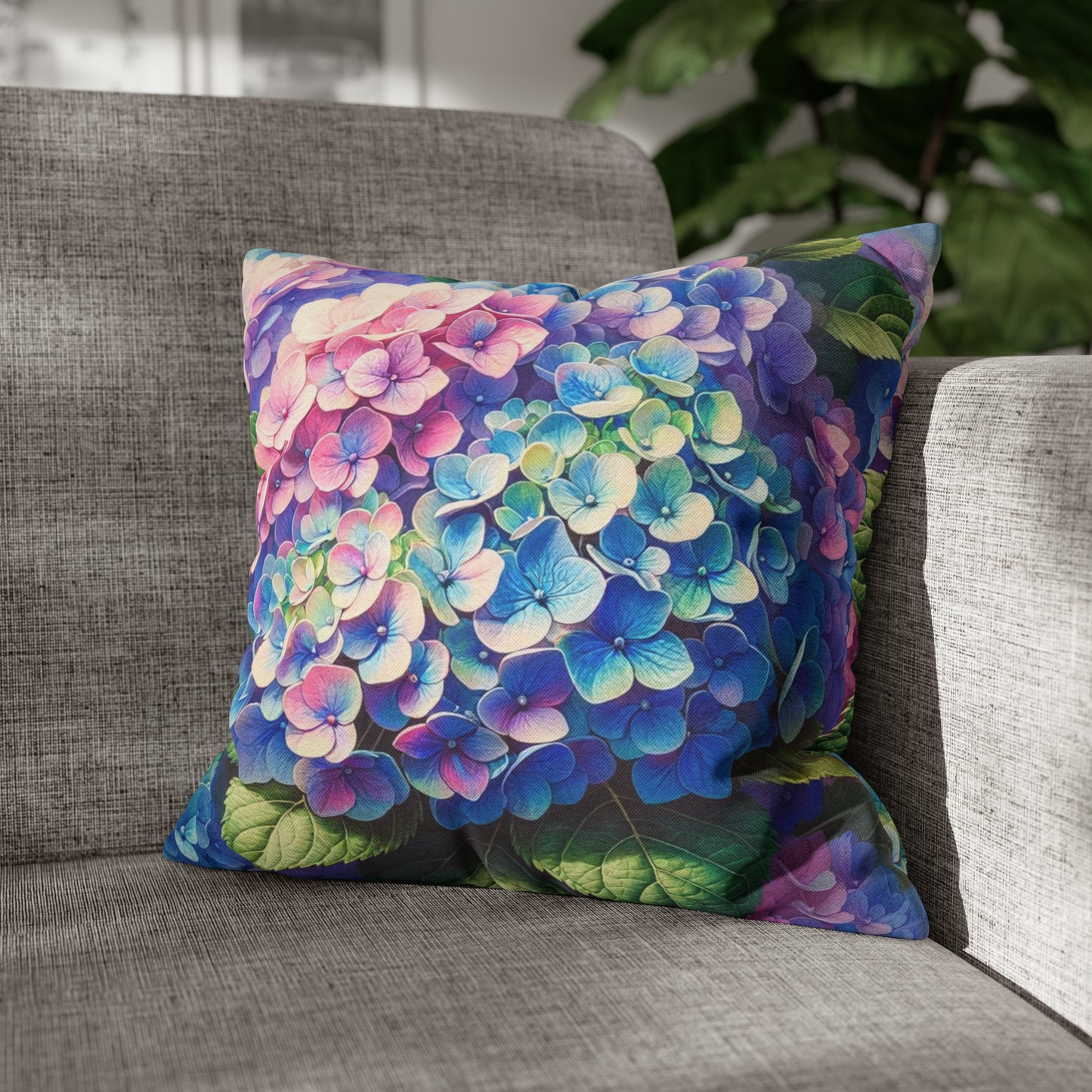 Pink Blue Hydrangea Floral Pattern Pillow Cover, Flowers Watercolor Square Throw Decorative Cover Couch Cushion 20 x 20 Zipper Sofa