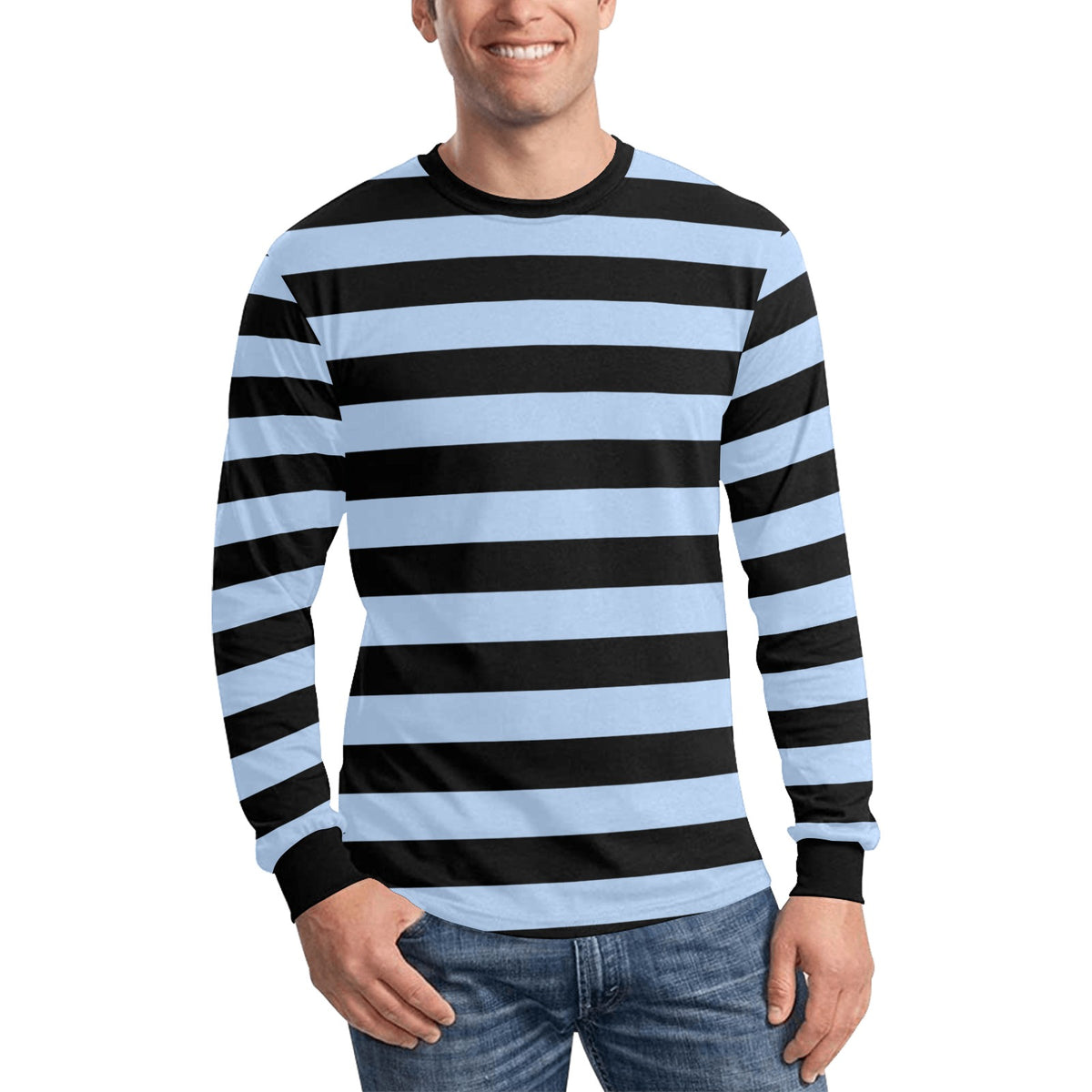 Black and Light Blue Men Long Sleeve Striped TShirt, Graphic Vintage Retro Broad Stripes Crewneck Unisex Women Designer Male Guys Tee Shirt