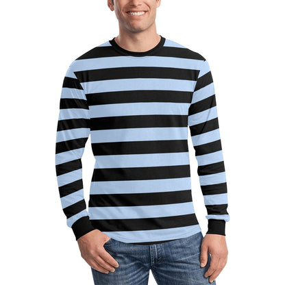 Black and Light Blue Men Long Sleeve Striped TShirt, Graphic Vintage Retro Broad Stripes Crewneck Unisex Women Designer Male Guys Tee Shirt