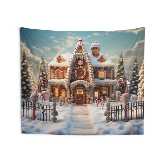 Gingerbread House Tapestry, Candy Cane Christmas Xmas Wall Art Hanging Landscape Cool Unique Aesthetic Large Small Bedroom Dorm