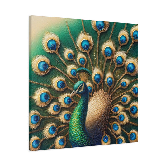 Peacock Canvas Gallery Wrap, Green gold Wall Art Print Artwork Decor Small Large Hanging Modern Vintage Square Painting Poster
