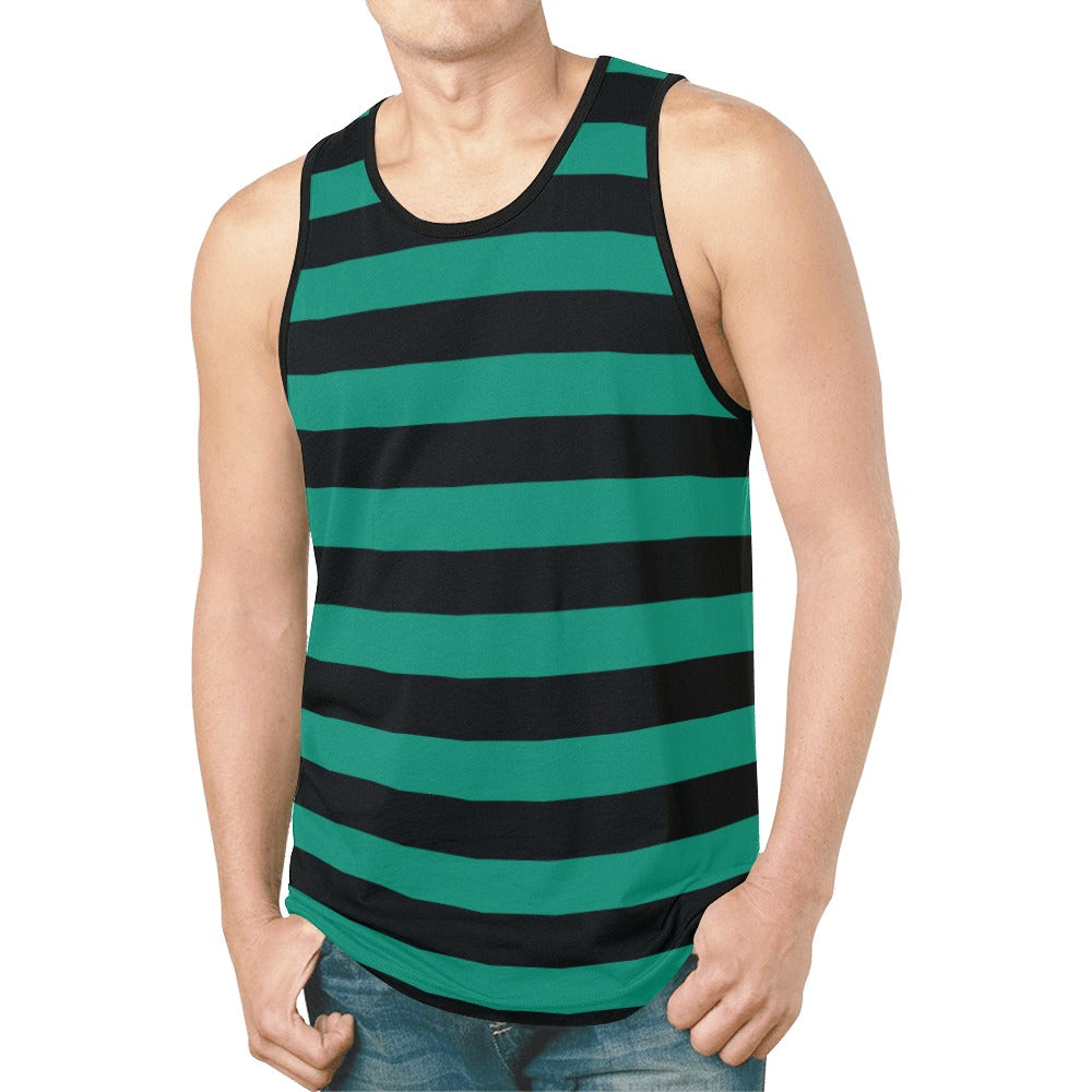 Black Green Striped Tank Top Shirt, Horizontal Wide Stripe Men Guys Male Sleeveless Festival Workout Fitness Sports Summer Muscle Tee