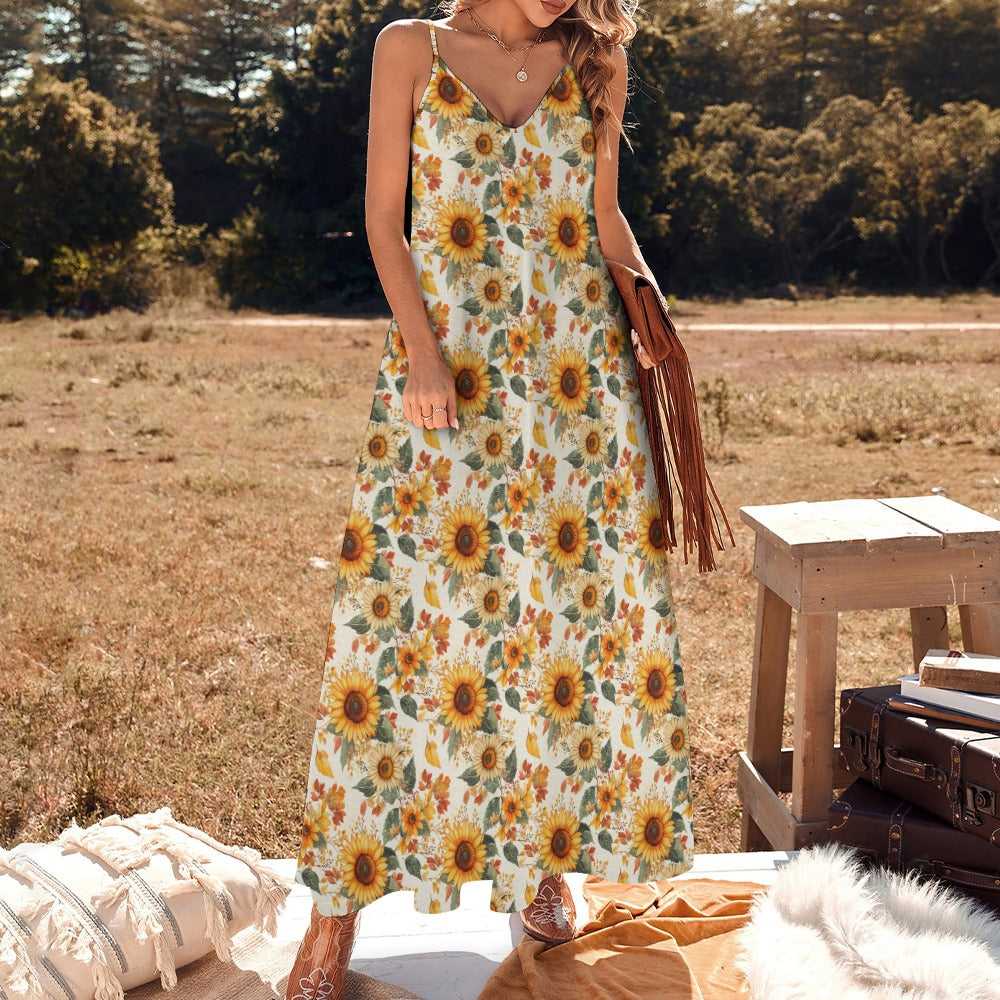 Sunflowers Floral Maxi Dress, Fall Leaves Autumn Long Flowers Spaghetti Straps Women Sleeveless Casual Designer Elegant Plus Size Cocktail 4XL / White Sunflowers Floral Maxi Dress, Fall Leaves Autumn Long Flowers Spaghetti Straps Women Sleeveless Casual Designer Elegant Plus Size Cocktail 4XL / White