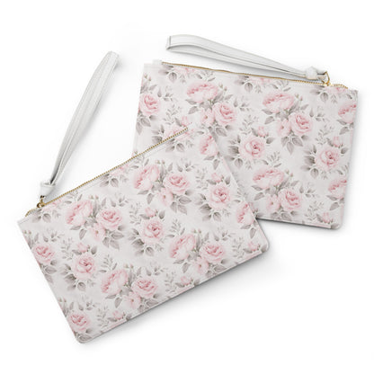 Pink Roses Clutch Wristlet Purse,  White Vegan Leather with Pocket Zipper Evening Modern Bag Strap Phone Wallet for Women