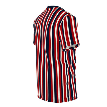 Red White Blue Striped Tshirt, Vertical Stripe American Designer Aesthetic Fashion Crewneck Men Women Tee Top Short Sleeve Shirt