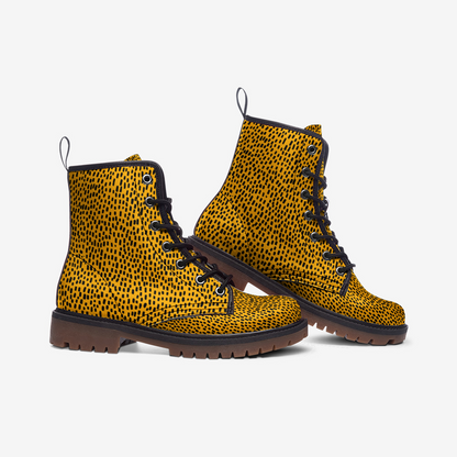 Yellow Dots Leather Boots, Abstract Lace Up Shoes Hiking Women Men Female Festival Black Ankle Combat Work Winter Casual Custom