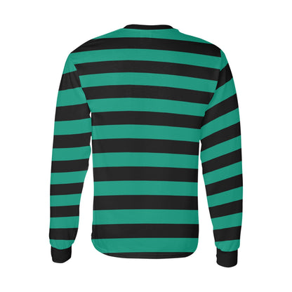 Black and Green Men Long Sleeve Striped TShirt, Kelly Green Graphic Vintage Retro Broad Stripes Crewneck Unisex Women Designer Male Guys Tee - Starcove Fashion