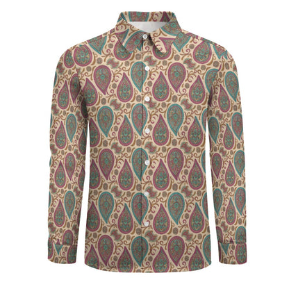 Paisley Long Sleeve Men Button Up Shirt, Vintage Retro Guys Male Print Buttoned Down Collared Graphic Casual Dress Plus Size Chest Pocket