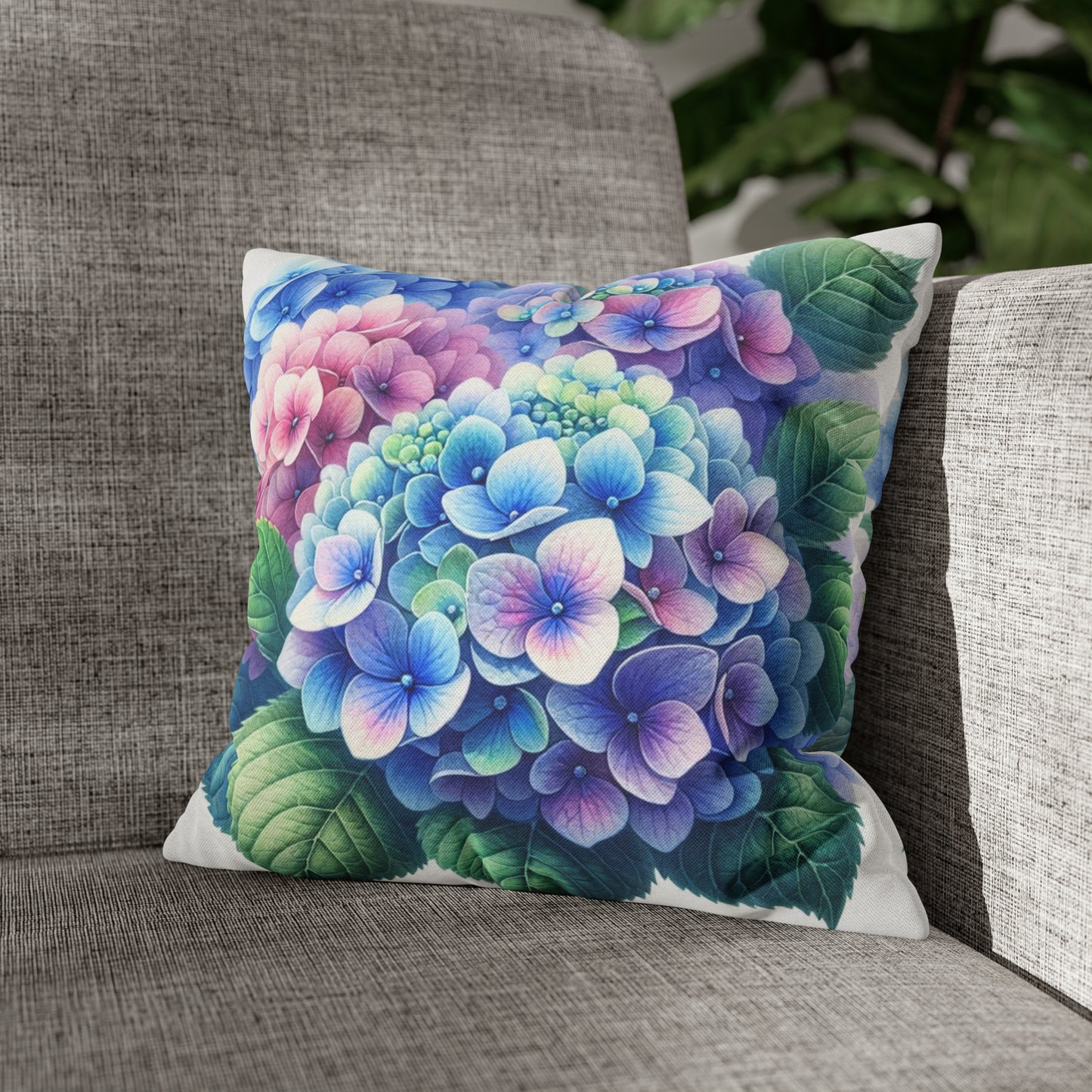 Blue Hydrangea Floral Pattern Pillow Cover, Pink Flowers Watercolor Square Throw Decorative Cover Floor Couch Cushion 20 x 20 Zipper Sofa
