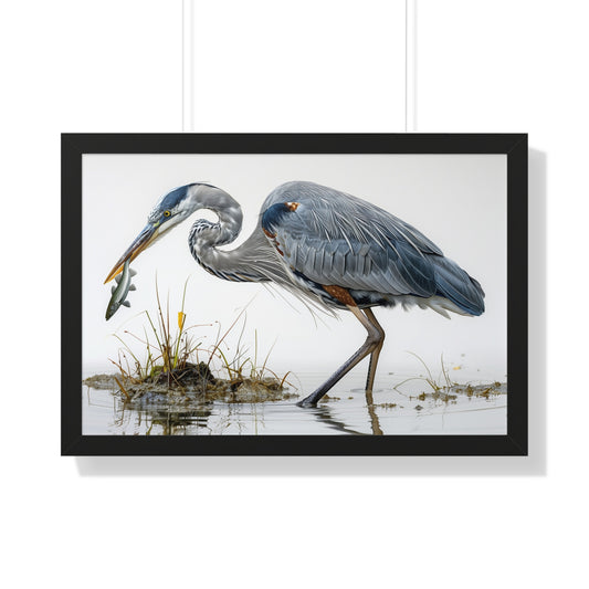 Blue Heron Poster and Frame, Bird Fish Wetlands Nature Retro Print Wall Horizontal Black White Framed Artwork Small Large Paper 24x16 30x20