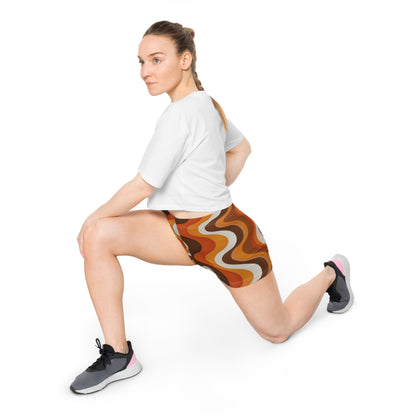 70s Wavy Striped Women Shorts, Brown Disco Retro Yoga Biker Sport Workout Gym Festival Running Moisture Wicking Ladies Spandex Bottoms