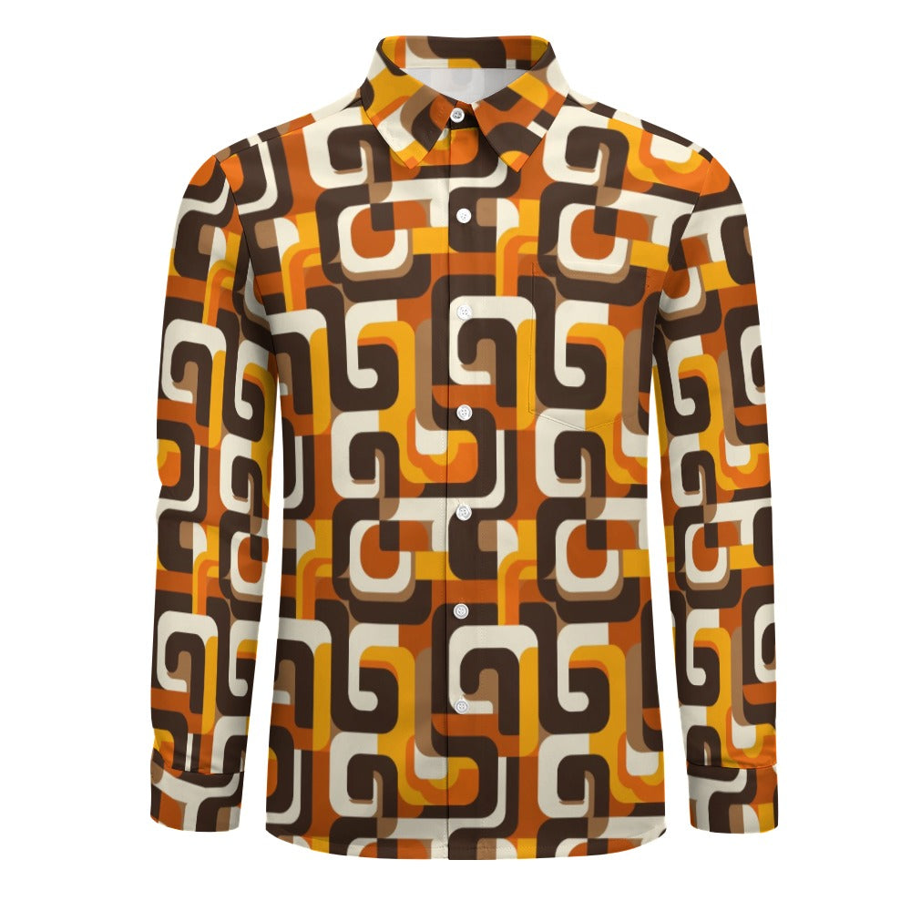 70s Retro Long Sleeve Men Button Up Shirt, Geometric Vintage Brown Orange Print Buttoned Down Collar Casual Dress Shirt with Chest Pocket L / White 70s Retro Long Sleeve Men Button Up Shirt, Geometric Vintage Brown Orange Print Buttoned Down Collar Casual Dress Shirt with Chest Pocket L / White