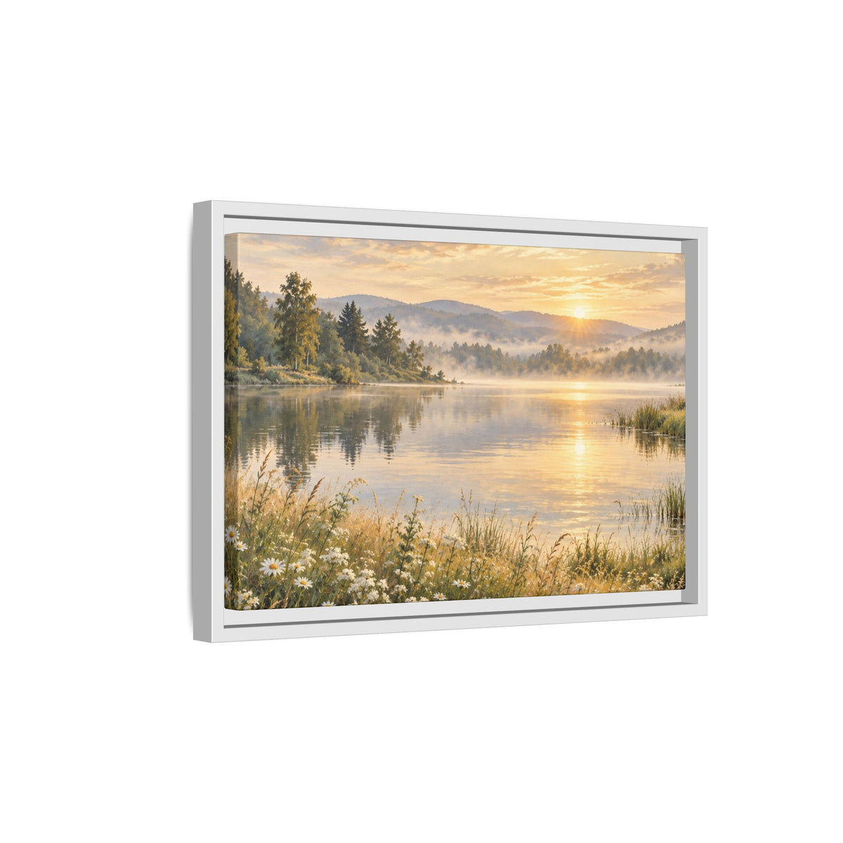 Misty Meadow Lake Wood Framed Canvas, Wildflower Farmhouse Wall Art Print Artwork Decor Small Large Hanging Matte Landscape Square Poster
