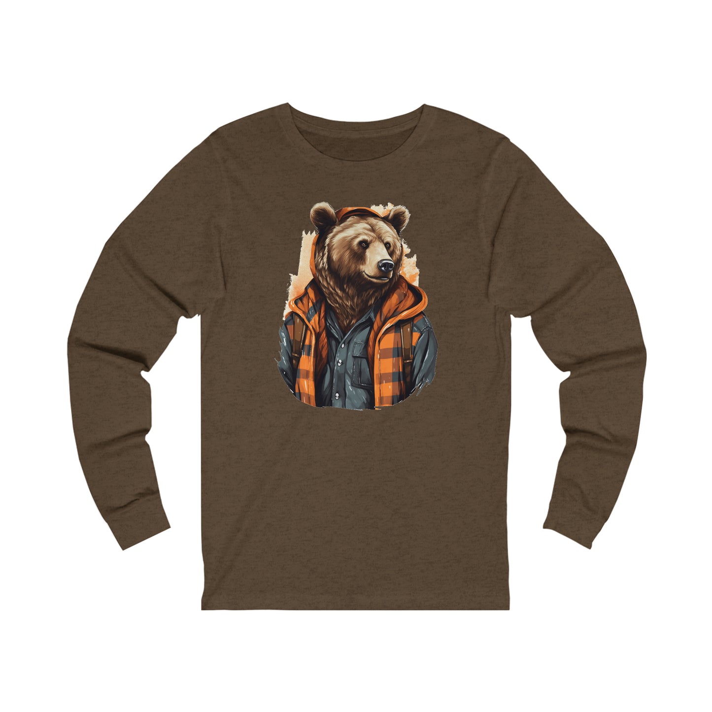 Bear Lumberjack Long Sleeve Tshirt, Fall Orange Plaid Unisex Men Women Designer Graphic Aesthetic Printed Crew Neck Tee Starcove Fashion