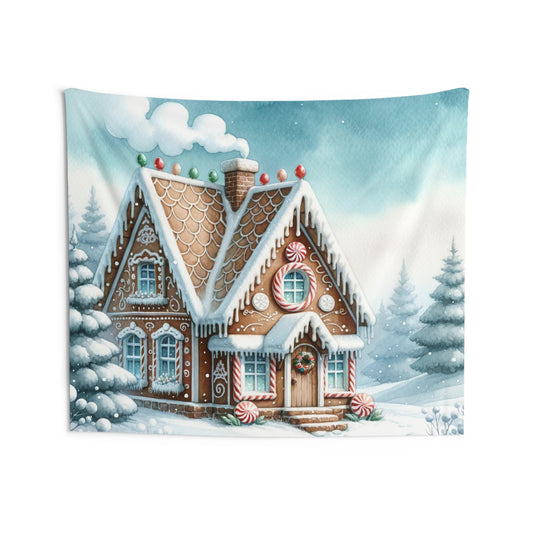 Gingerbread House Tapestry, Watercolor Candy Cane Christmas Xmas Wall Art Hanging Landscape Cool Unique Aesthetic Large Small Bedroom