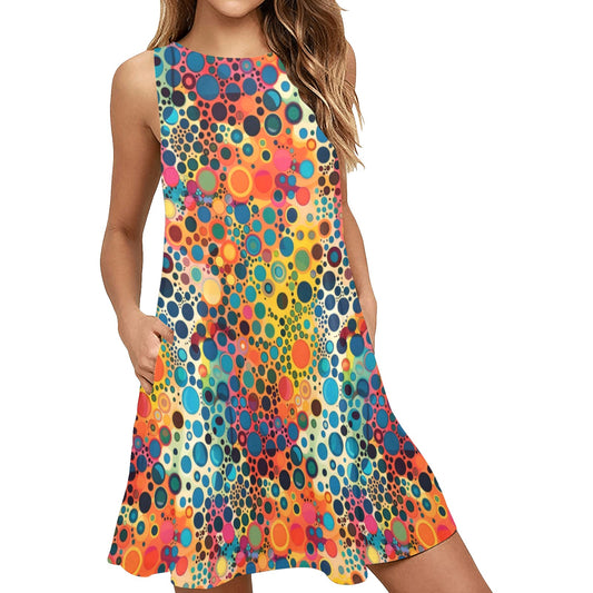 Retro Funky Tank Dress Women Pockets, Dot Art Psychedelic Colorful 70s 1970s Vintage Print Summer Sleeveless Mini Short Festivals Outfits