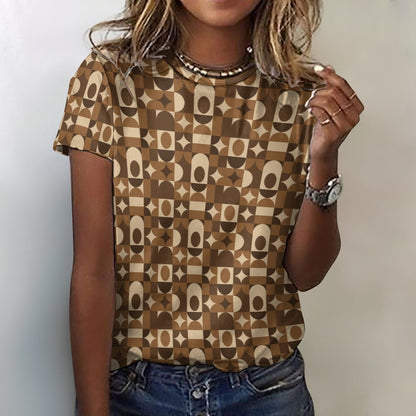 Mid Century Modern Women Cotton Tshirt, Brown Retro Vintage Ladies Female Designer Adult Graphic Aesthetic Fitted Crewneck Tee Shirt Top