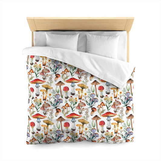 Mushroom Duvet Cover, Cottagecore White Floral Flowers Bedding Queen King Full Twin XL Microfiber Unique Designer Bed Quilt Bedroom
