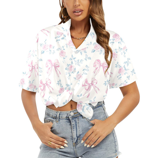 Pink Rose Bows Women Hawaiian shirt, Floral White Tropical Summer Vintage Retro Hawaii Aloha Cool Button Up Down Plus Size Ladies Blouse