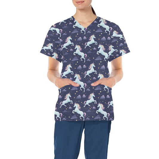 Unicorn Medical Scrubs Top Women, Stars Ladies Female Plus Size Nursing Cute Printed Nurse Vet Veterinary Assistant Uniform V Neck Pockets