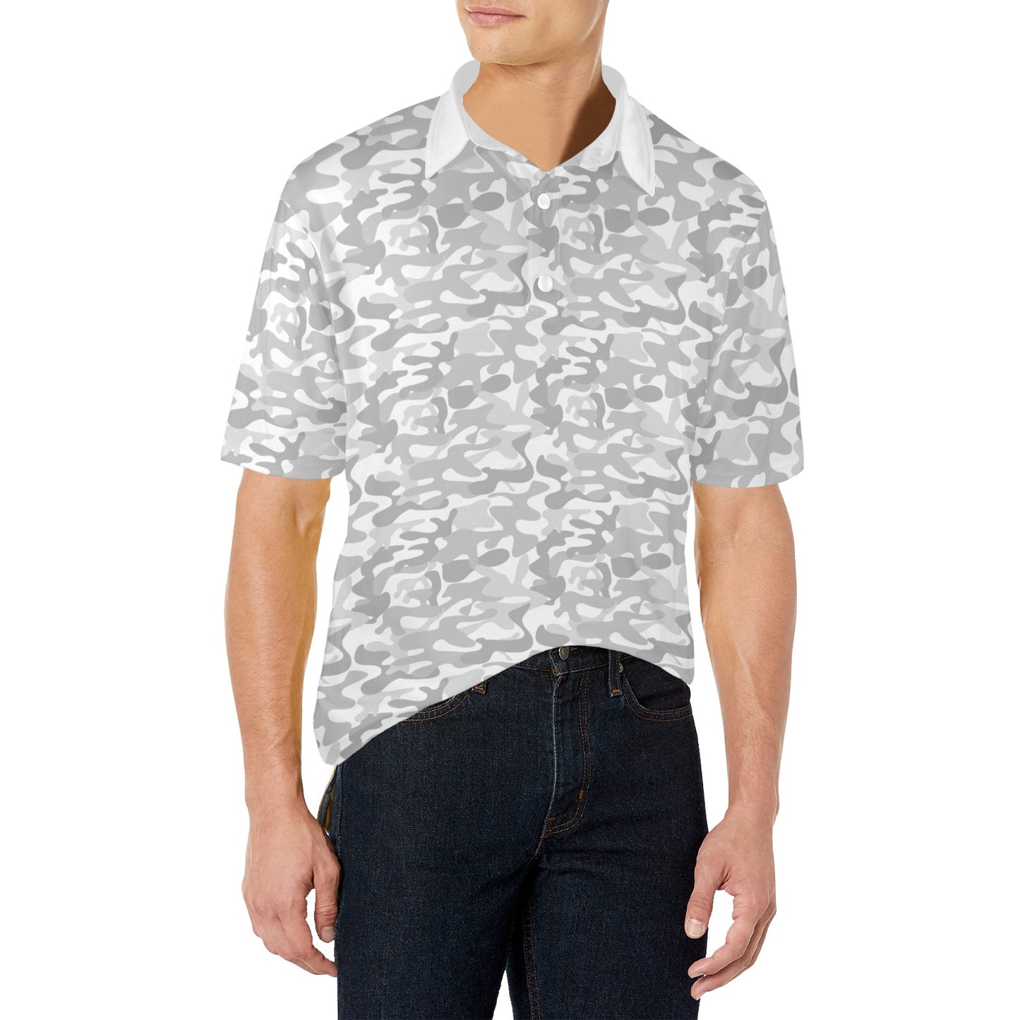 White Camouflage Men Polo Collared Shirt, Camo Pattern Casual Summer Guys Buttoned Down Up TShirt Short Sleeve Sports Golf Tee