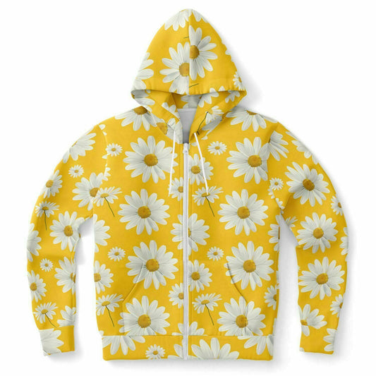 Daisy Yellow Zip Up Hoodie, Floral Flowers Full Zipper Pocket Men Women Unisex Adult Aesthetic Graphic Cotton Fleece Hooded Sweatshirt
