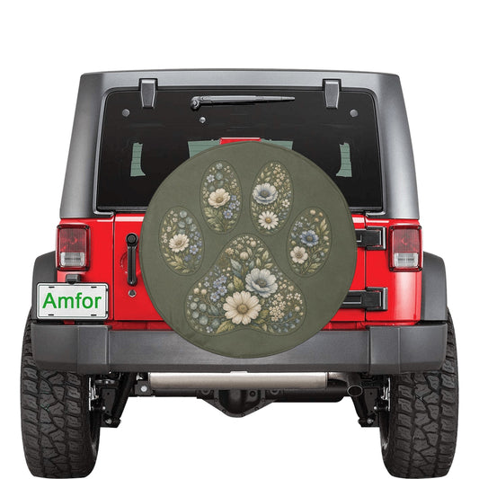 Paw Spare Tire Cover, Sage Green Floral Dog Cat Animal Puppy Pet Love Backup Camera Hole Rear Extra Wheel Unique RV Back Car Trailer Campers