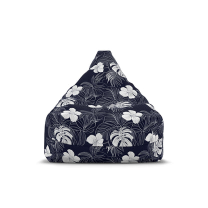 Navy Blue Tropical Bean Bag Chair Cover, Hibiscus Floral White Washable Triangle Small Large Adult Children Kids Sofa Dorm Unfilled Sack