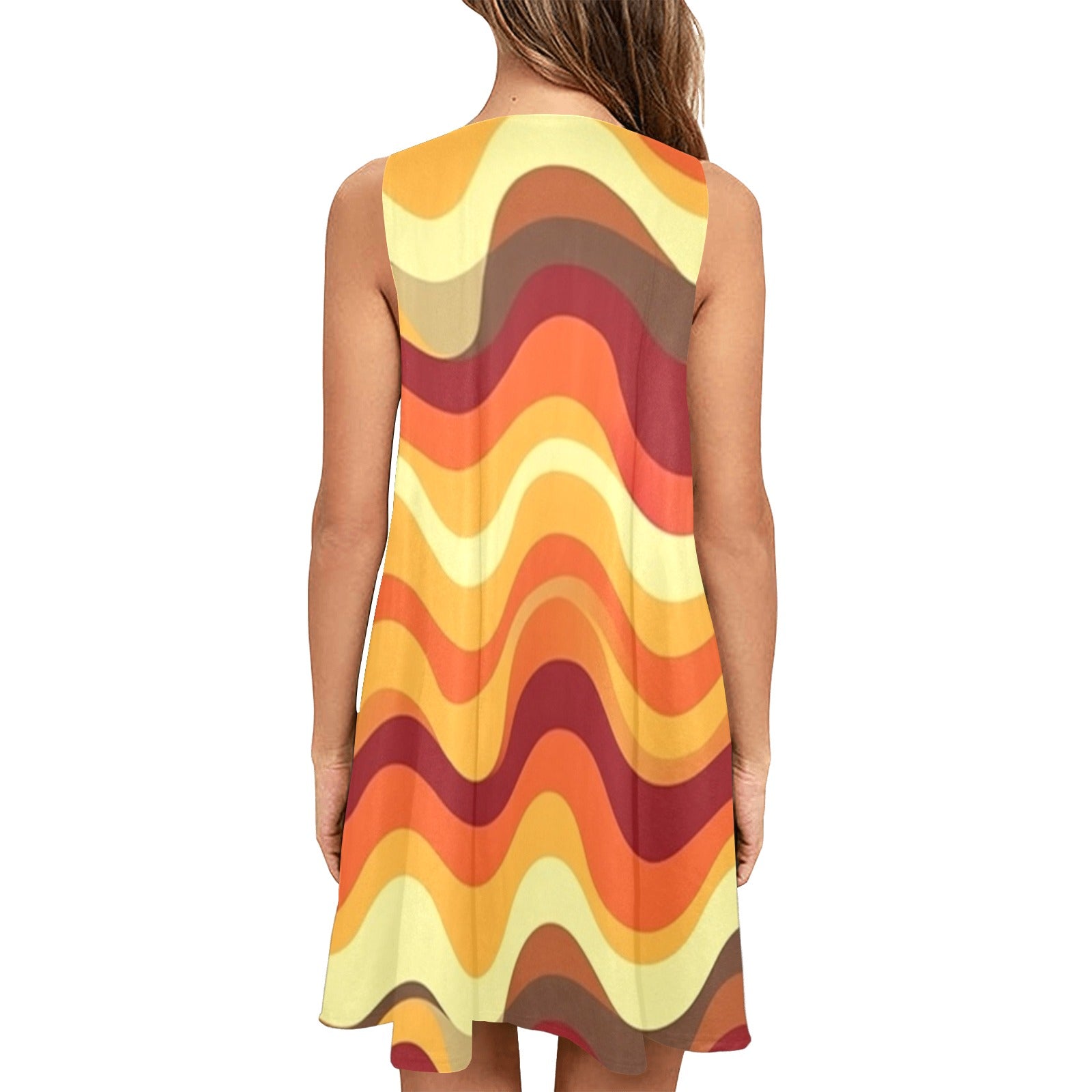 70s Wavy Stripes A Line Dress Women Pockets, Retro Vintage Brown Yellow Orange Print Sleeveless Mini Short Cute Handmade Party Sexy Casual Black / XS 70s Wavy Stripes A Line Dress Women Pockets, Retro Vintage Brown Yellow Orange Print Sleeveless Mini Short Cute Handmade Party Sexy Casual Black / XS