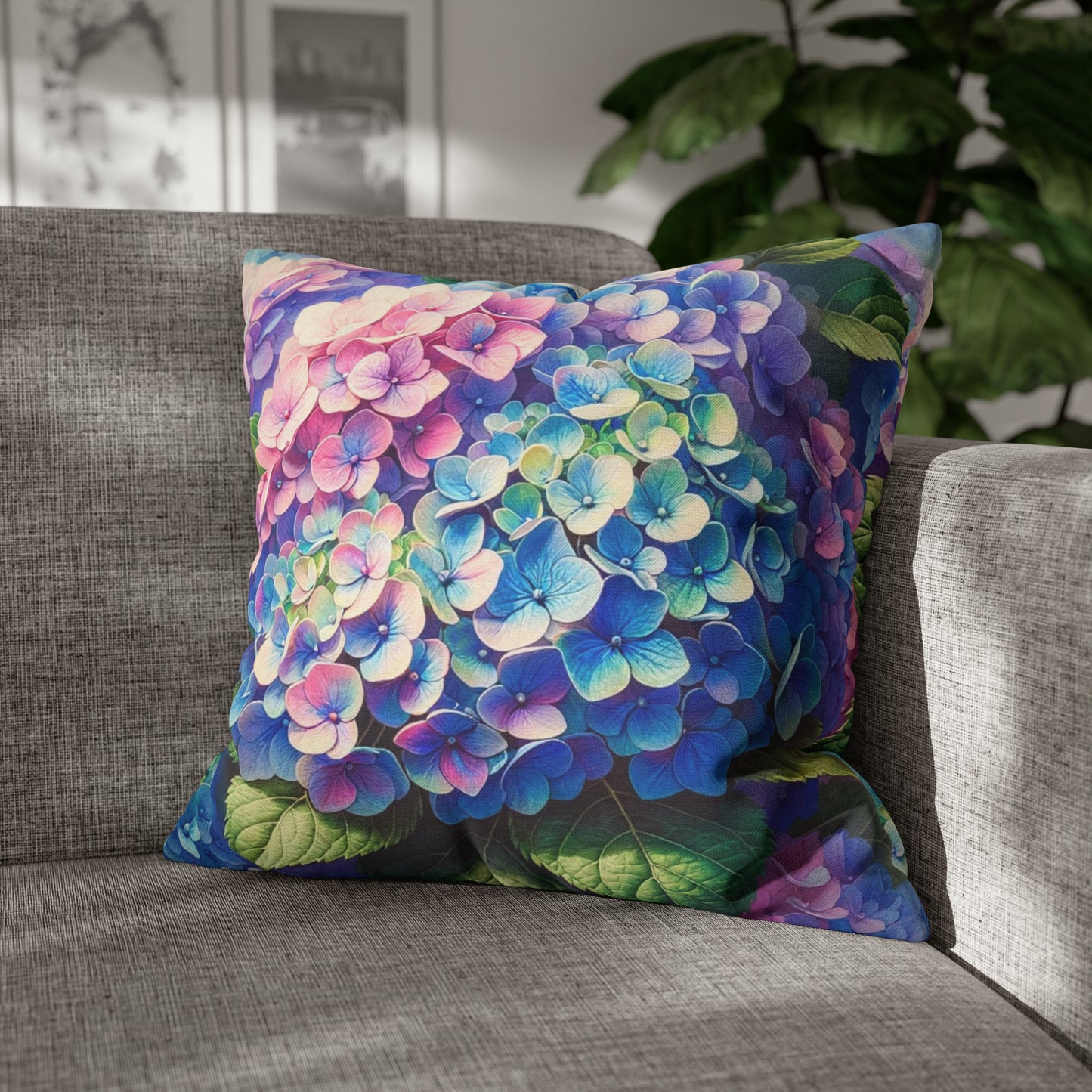 Pink Blue Hydrangea Floral Pattern Pillow Cover, Flowers Watercolor Square Throw Decorative Cover Couch Cushion 20 x 20 Zipper Sofa