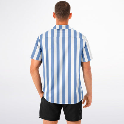 Blue White Striped Men Button Down Shirt, Beach Spread Collar Short Sleeve Guys Casual Print Buttoned Up Plus Size Unisex