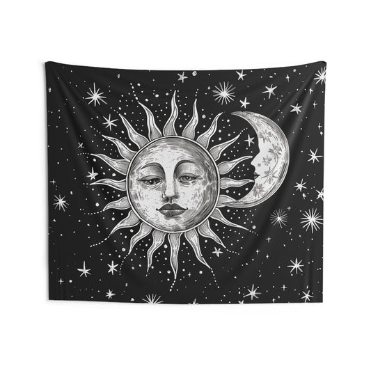 Sun Moon Stars Tapestry, Black White Vintage Retro Wall Art Hanging Unique Landscape Aesthetic Large Small Decor Bedroom College Dorm Room