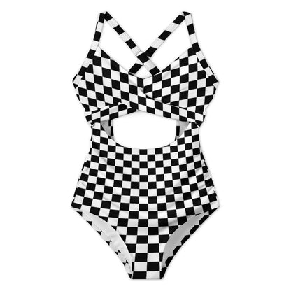 Checkered One Piece Swimsuit Women, Black White Check Racing Retro Party Cut Out Tummy Control Designer Swim 1 Swimming Bathing Suits Ladies