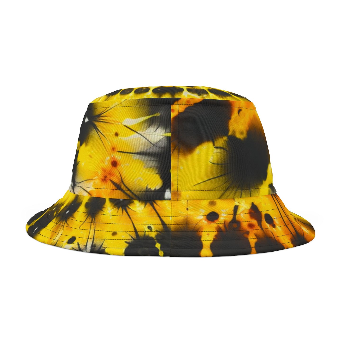 Yellow Tie Dye Bucket Cap Hat, Black Print Beach Women Men Kids Children Golf Summer Festival Cute Designer Sun Shade Ladies Small Large