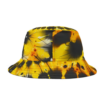 Yellow Tie Dye Bucket Cap Hat, Black Print Beach Women Men Kids Children Golf Summer Festival Cute Designer Sun Shade Ladies Small Large