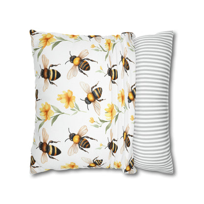 Bees Flowers Pillow Case, Yellow Floral Spring Square Throw Decorative Cover Room Decor Couch Cushion 20 x 20 Zipper Sofa