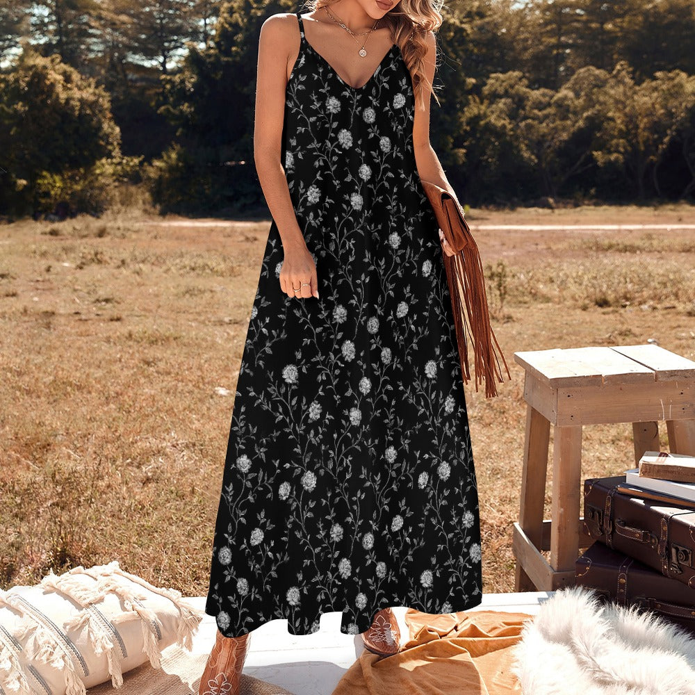 Black Floral Maxi Dress, White Flowers Long Spaghetti Straps Flowy Women Sleeveless Casual Cute Designer Elegant Plus Size Cocktail Party