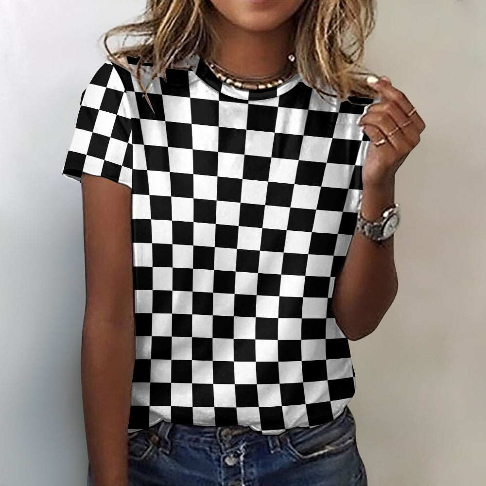 Checkered Women Cotton Tshirt, Black White Check Racing Ladies Female Designer Adult Graphic Aesthetic Fashion Fitted Crewneck Tee Shirt Top