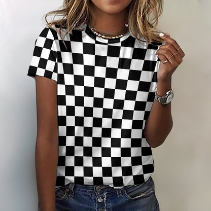 Checkered Women Cotton Tshirt, Black White Check Racing Ladies Female Designer Adult Graphic Aesthetic Fashion Fitted Crewneck Tee Shirt Top