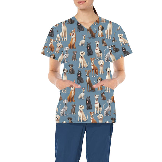 Dog Breed Medical Scrubs Top Women, Pet Animal Grooming Clinic Ladies Female Plus Size Nursing Nurse Vet Veterinary Hospital Uniform Pockets