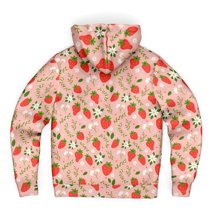 Strawberry Zip Up Fleece Lined Hoodie, Pink Floral Flowers Sherpa Heavyweight Full Zipper Men Women Unisex Graphic Hooded Sweatshirt Jacket